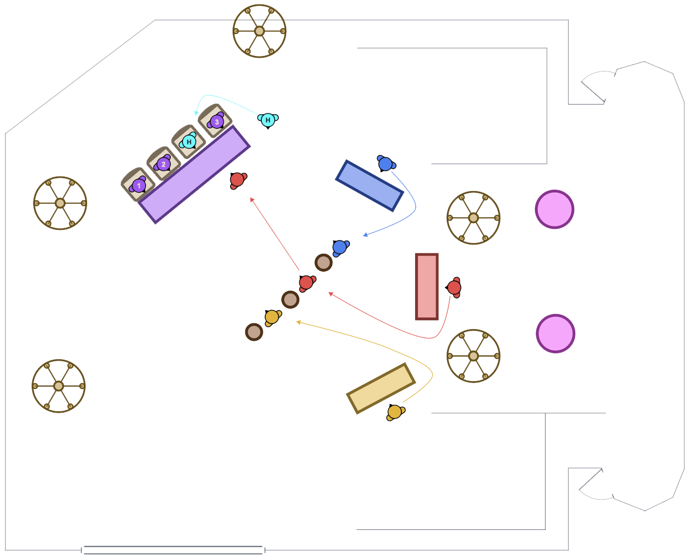 Set layout with props, characters, and motion paths